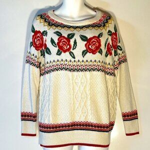 Mossimo SZ S Vintage Ivory cable knit  rose print fair isle sweater cottage comf